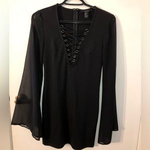 Cute black mini-dress with laced front & sheer sleeves